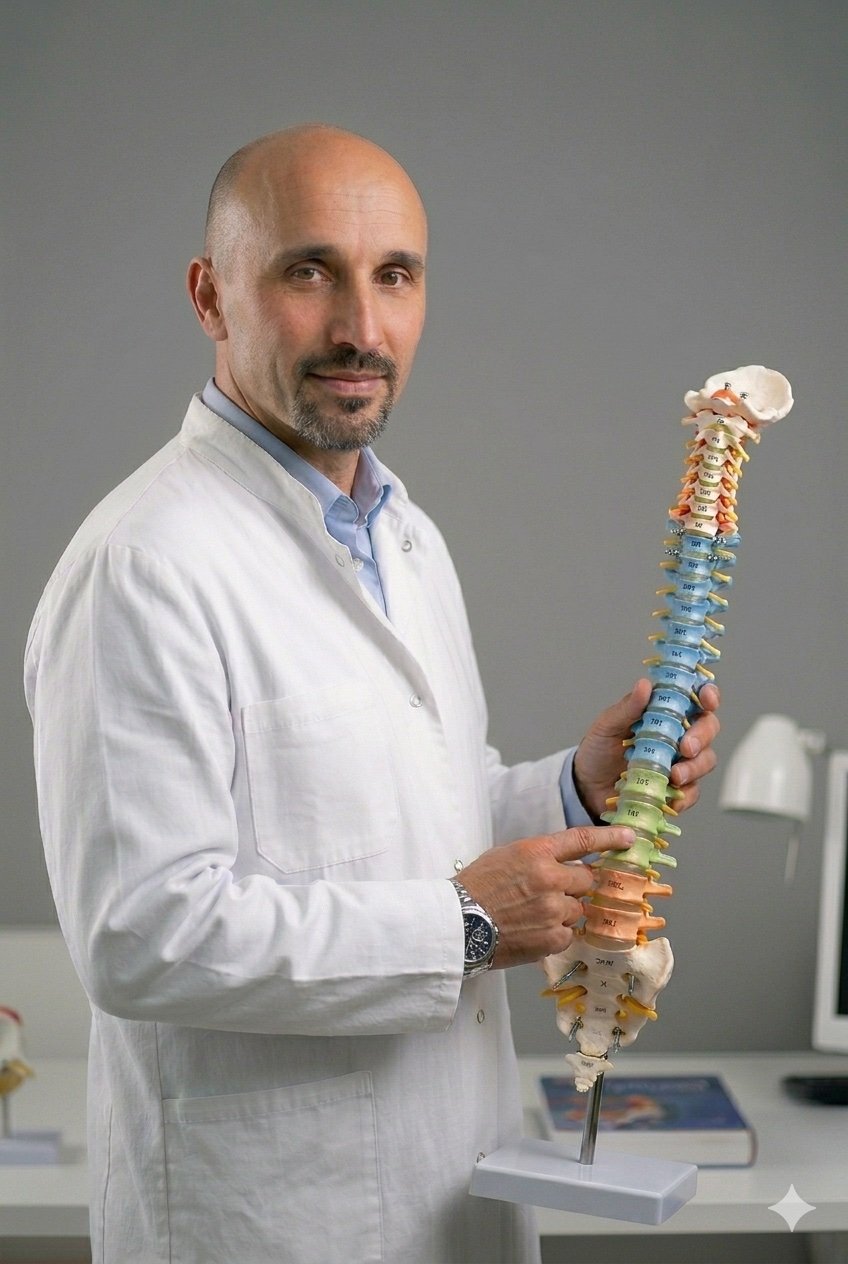 Il Dott. Alberico Russo con un modello anatomico della colonna vertebrale